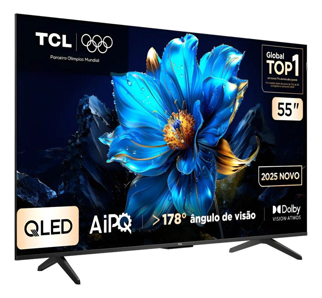 TV TCL QLED 4K com Google TV e tecnologia de cores avançadas.