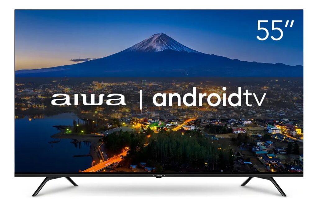 TV Aiwa 55 polegadas 4K com Android TV e integração com apps de streaming.
